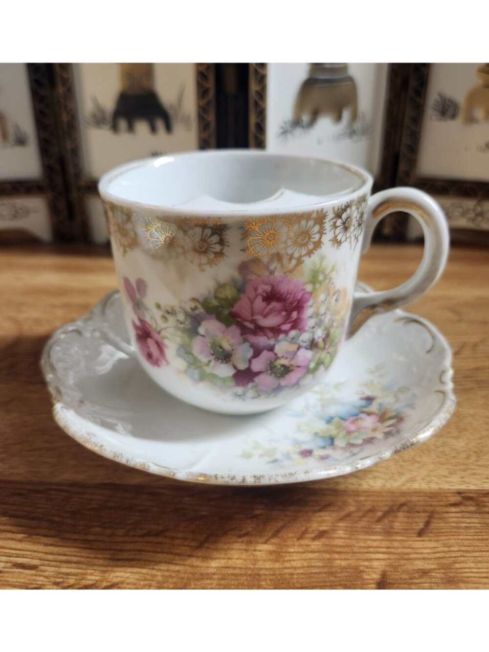Victorian Mustache Tea Cup & Saucer Set Bone China Porcelain Pink Germany VTG